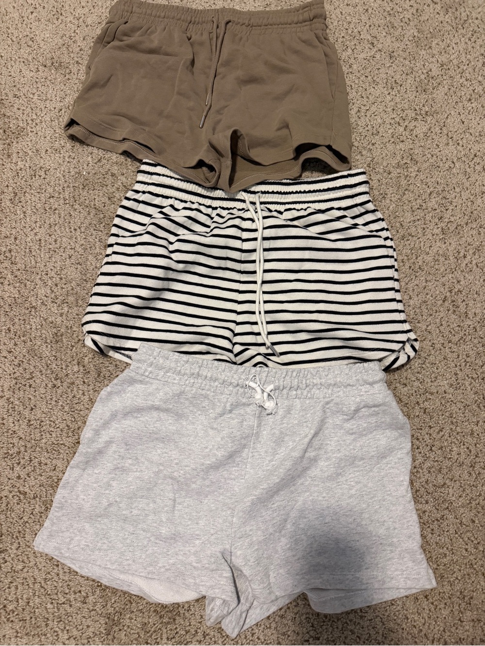 H&M Women's Three-Pack Athletic Shorts - Tan, Black/White Stripe, Light Gray